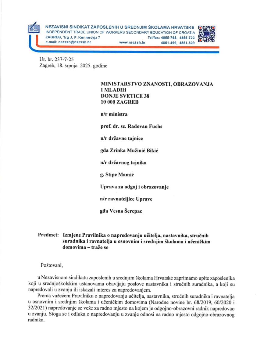 Izmjene Pravilnika o napredovanju - traže se 1